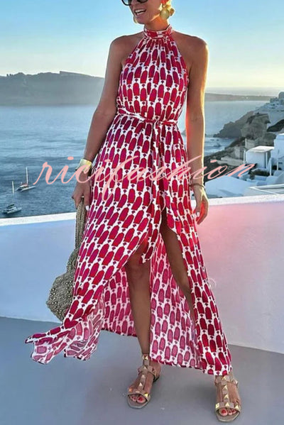 Unique Printed Sleeveless Halterneck Tie-waist Slit Maxi Dress