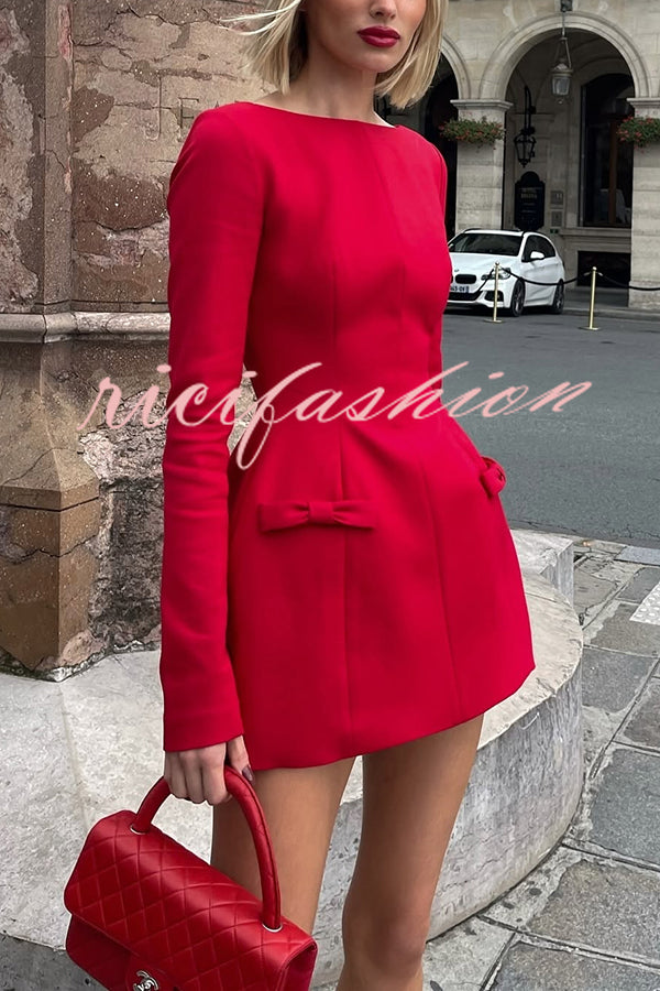 Budding Elegance Bow Detail Boat Neck Long Sleeve Mini Dress