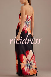 Charming Lady Satin Floral Print Bandeau Loose Maxi Dress