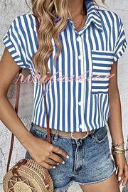 Striped Print Short Sleeve Pocket Shirt Top