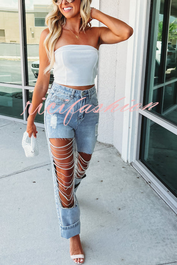 Casual Pocket Ripped Chain Embellished Straight Jeans