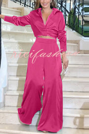 Satin Solid Color Lapel Long Sleeve Blouse and Loose-fitting Pocket Wide Leg Pants Set