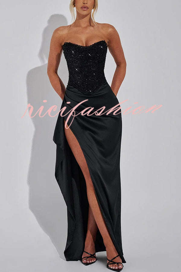 Amazing Dream Sequin Satin Patchwork Off Shoulder Ruffles Drape Slit Maxi Dress