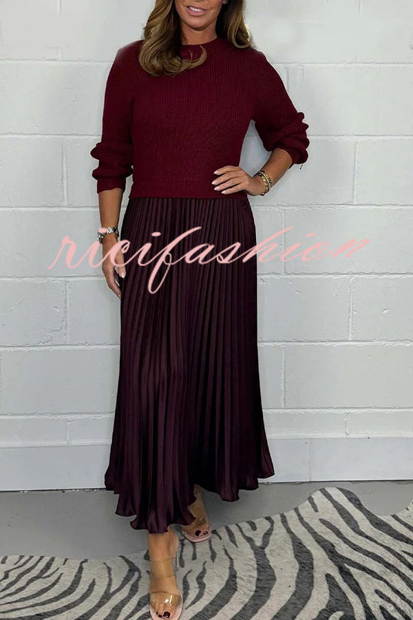 Stylish Knitted Round Neck Long Sleeve Patchwork Pleated Hem Maxi Dress