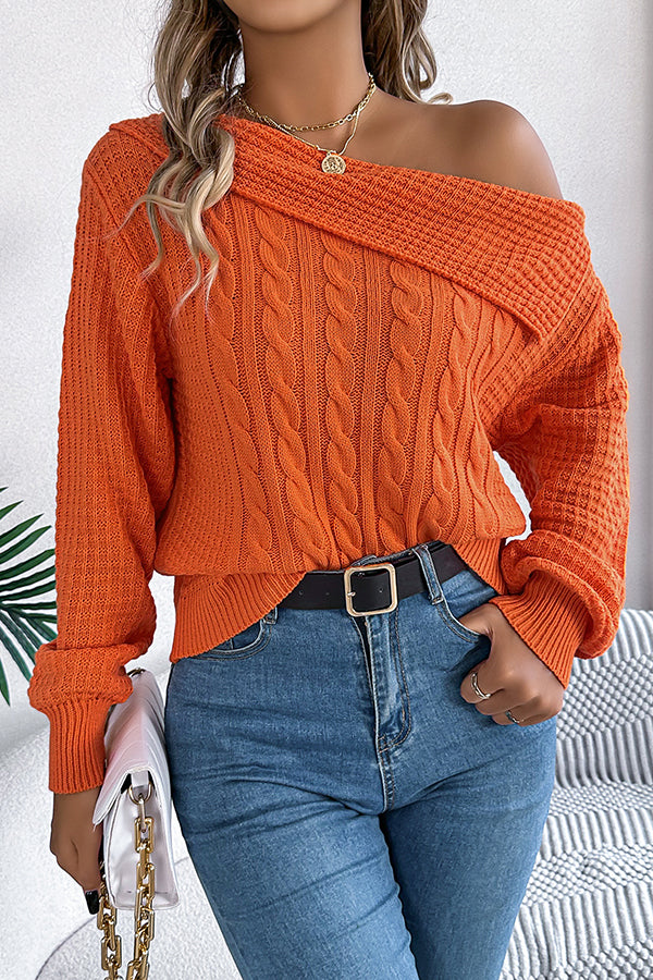 Solid Color Casual One Shoulder Long Sleeve Knitted Sweater