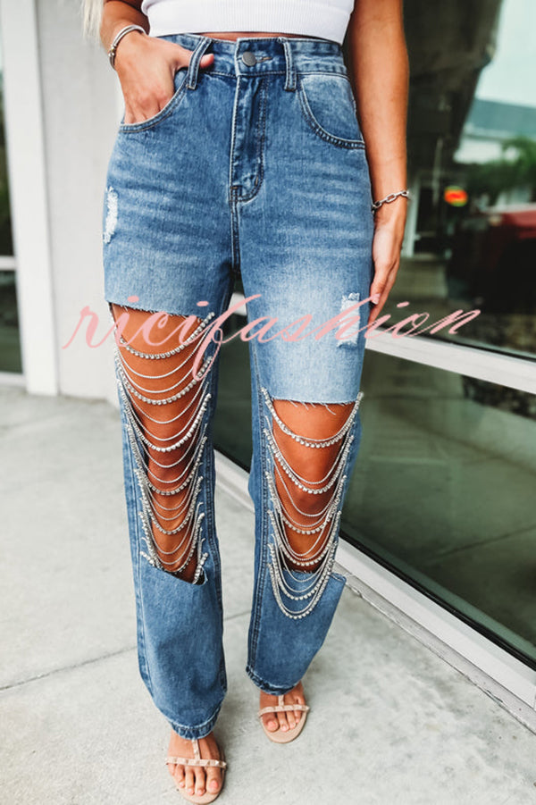 Casual Pocket Ripped Chain Embellished Straight Jeans