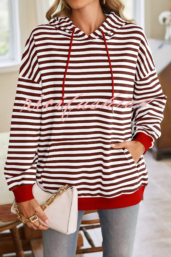 Striped Print Long Sleeve Pocket Loose Hoodie