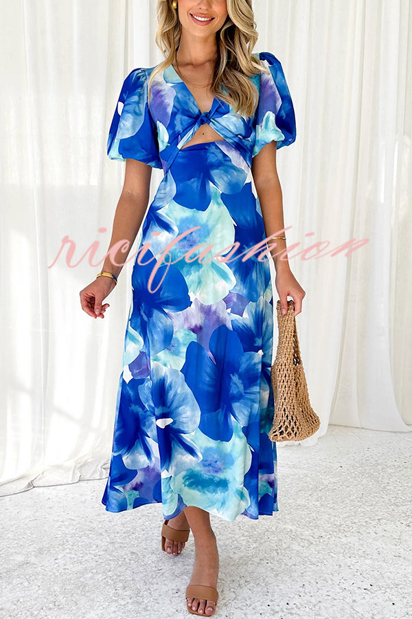 Sophia Floral Print Satin Puff Sleeve Twist Bust Cutout Midi Dress