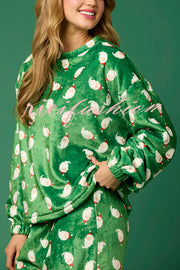 Christmas Printed Crew Neck Long Sleeve Top and Elastic Waist Loose Pants Set