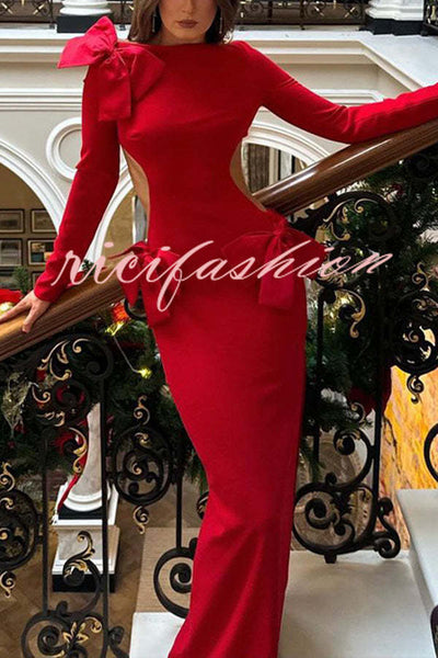 Lovely Bow Cutout Button Back Zipper Long Sleeve Maxi Dress