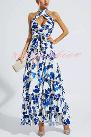 Gorgeous Styling Botanical Print Halter Neck Open Back Tiered Hem Maxi Dress