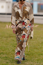 Exotic Leopard Flower Patchwork Print Elastic Waist Pocket Wide Leg Pants