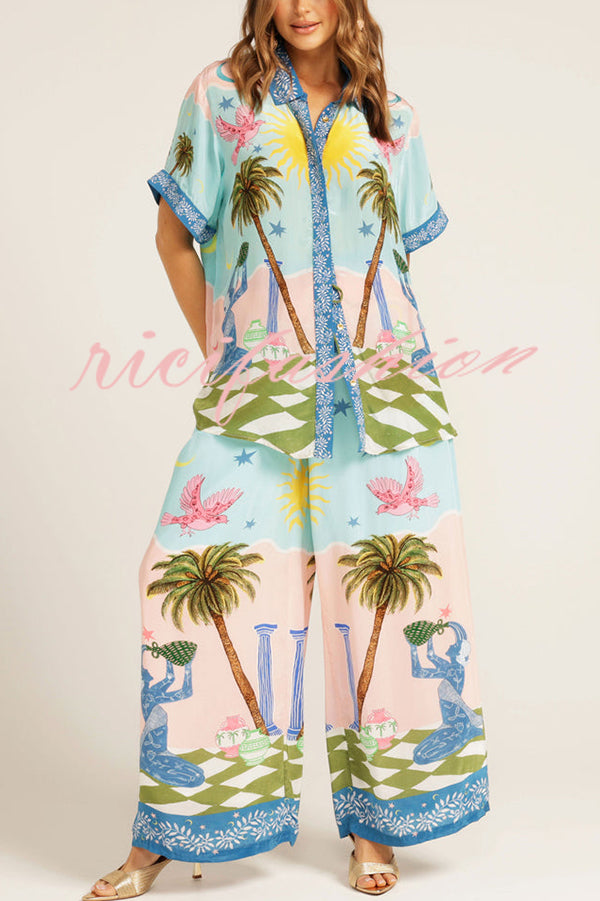 Summer Vacation Printed Short-sleeved Loose Shirt and Elastic Waist Pocket Pants Set