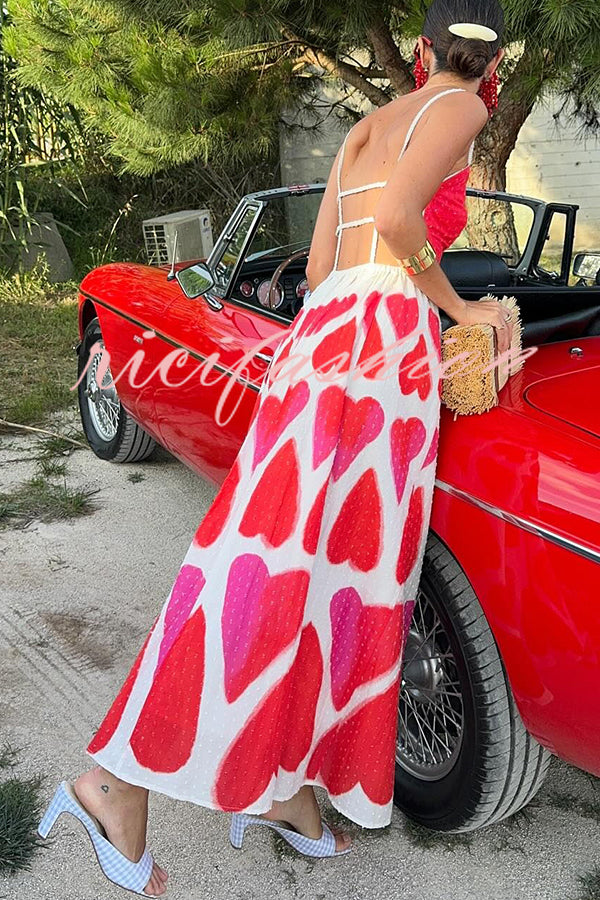 Full of Love Heart Shape Print Cutout Spaghetti Strap Backless Maxi Dress