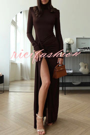 Luxe Silhouette High Neck Shoulder Pads Drape Stretch Maxi Dress