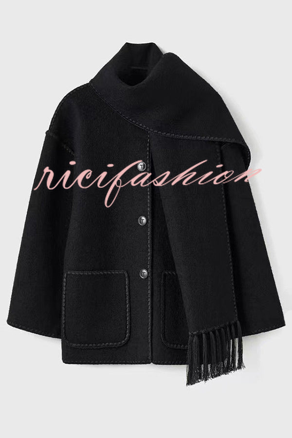 Stylish Loose Pocket Long Sleeve Coat and Warm Fringed Scarf