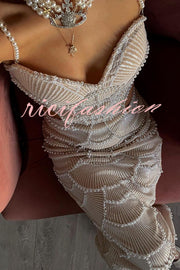 Own It Pearl Sequin Embellished Sexy Backless Cutout Strap Maxi Dress