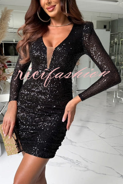 Dreamy and Dazzling Sequin Mesh V-neck Long Sleeve Ruched Stretch Mini Dress