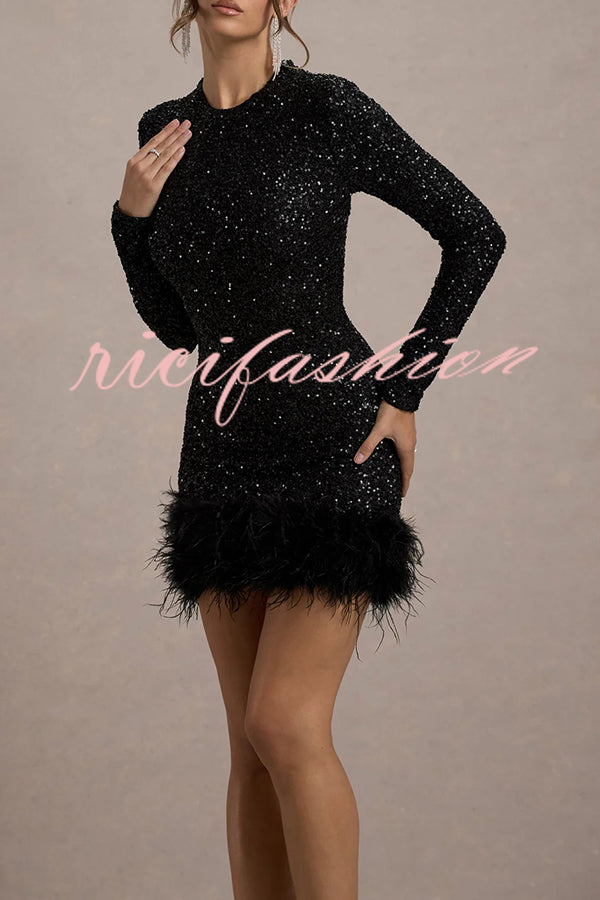 Party Must-have Sequin Long Sleeve Feather Trim Stretch Mini Dress