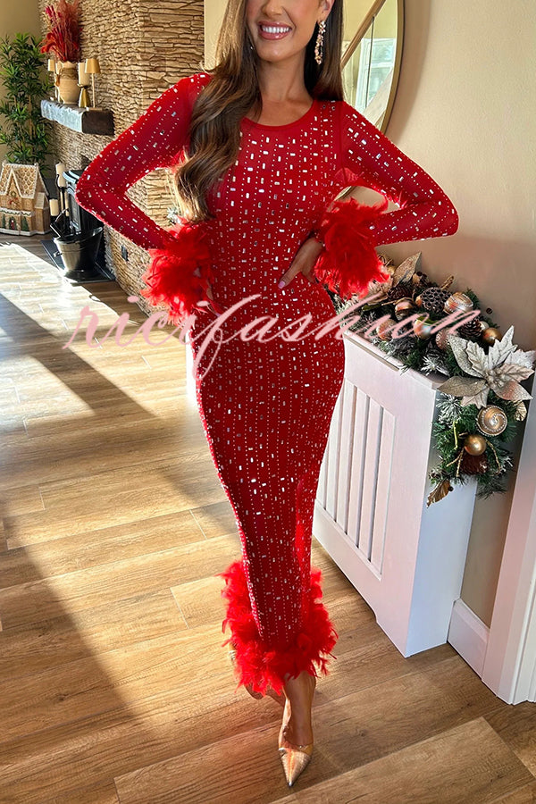 Sexy Long Sleeve Round Neck Feather Edge Rhinestone Decoration Slim Fit Maxi Dress