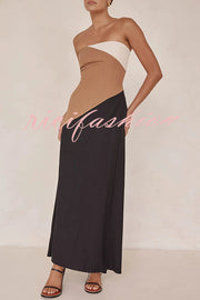 Calissa Asymmetrical Colour Block Strapless Pocketed A-line Maxi Dress