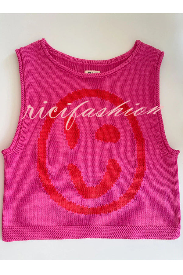 Always Happy Face Knit Unique Pattern Versatile Loose Tank Top