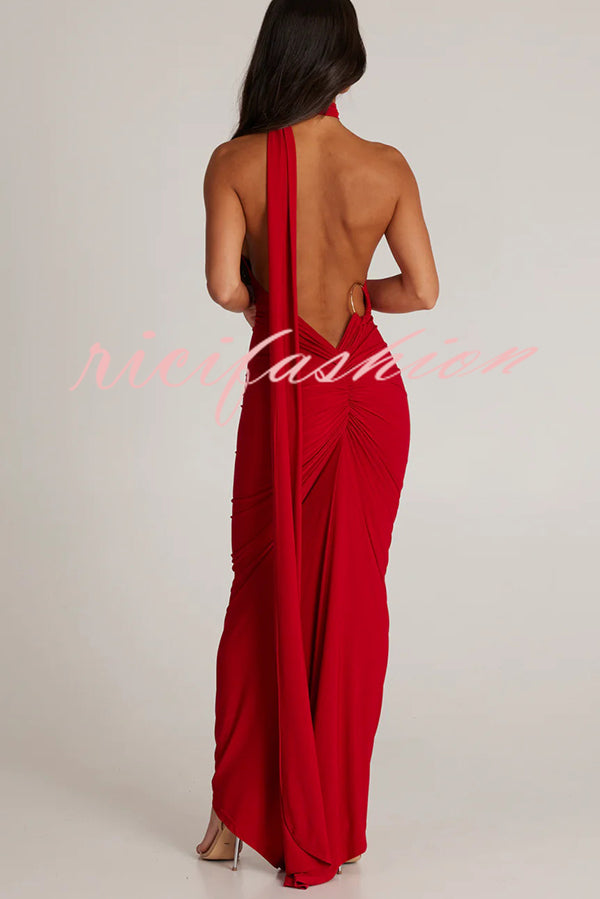 Sexy Backless Pleated Slim Solid Color Sleeveless Elegant Maxi Dress