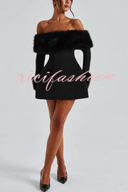 Cute and Luxe Faux Fur Trim Off Shoulder Bubble Shaped Mini Dress