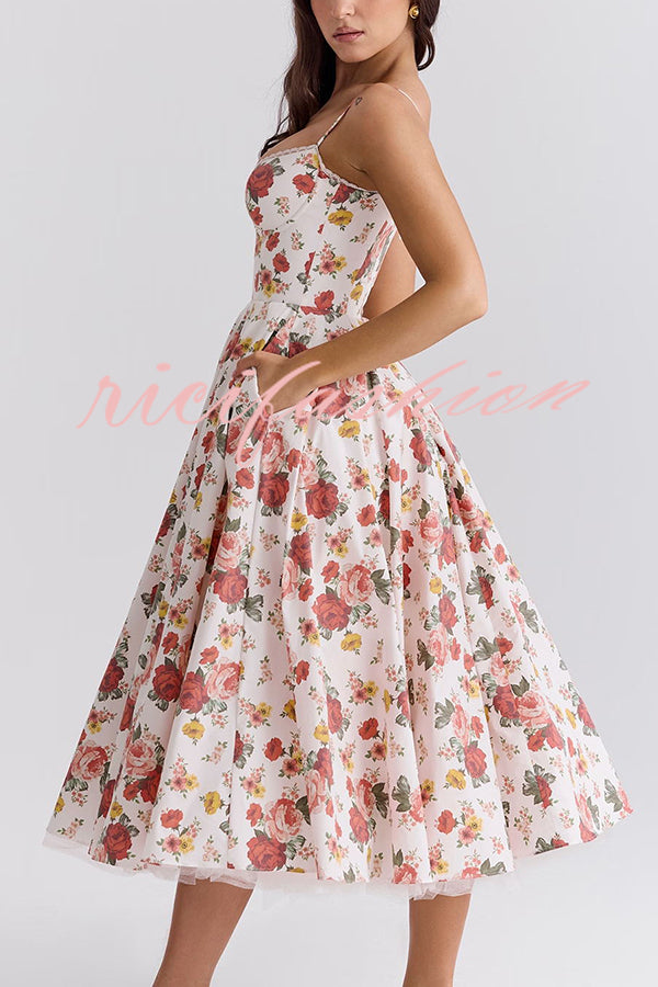 Fairy Tale Gorgeous Italian Rose Print Tulle Pocketed Slip Midi Dress