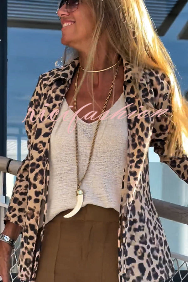 Edith Leopard Print Front Lace-up Long Sleeve Loose Blouse