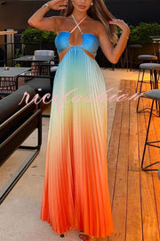 Get Ready Beautiful Gradient Print Cutout Halterneck Pleated Maxi Dress