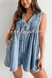 Downtown Daze Denim Pleated Tie-up Pocketed Loose Romper