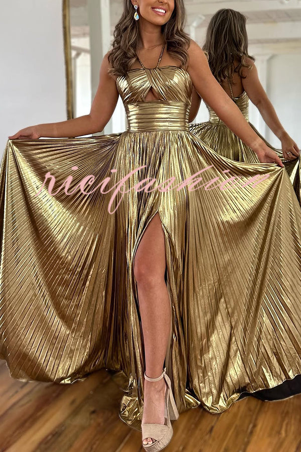 Queen Style Metallic Fabric Cross Neck Cutout Slit Pleated Maxi Dress