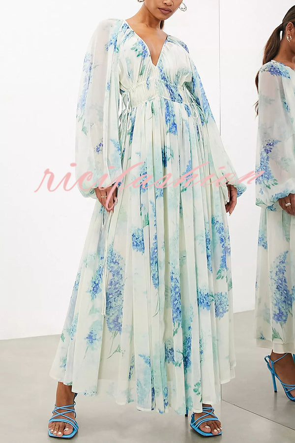 Headed To The Ocean Chiffon Floral Drawstring Waist Maxi Dresses