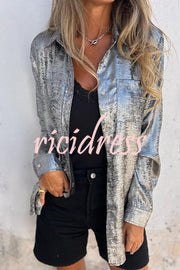 First and Fabulous Metallic Fabric Button Up Long Sleeve Loose Blouse