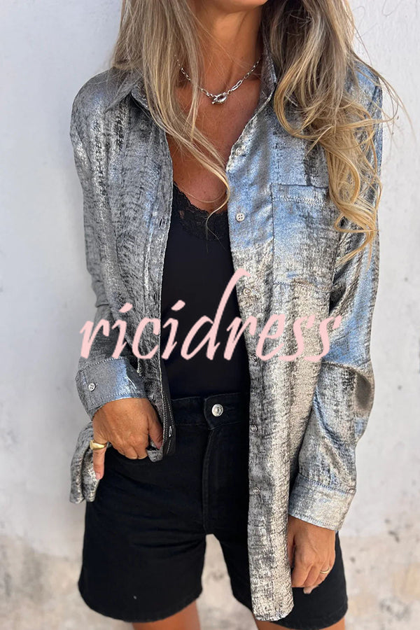 First and Fabulous Metallic Fabric Button Up Long Sleeve Loose Blouse