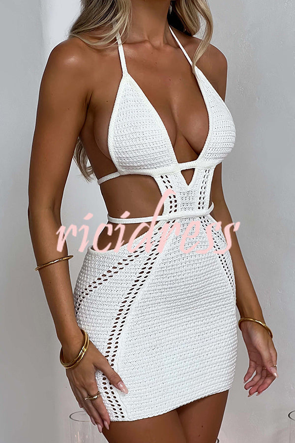 Effortlessly Cool and Sexy Knit Crochet Cutout Halter Tie-up Stretch Mini Dress