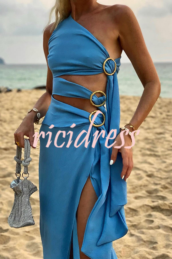 As Beautiful As The Sky Side Waist Ring Hollow Design Slit Vacation Maxi Dress