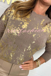 Fashionable Gold Stamping Printed Round Neck Long Sleeve Loose Sweater