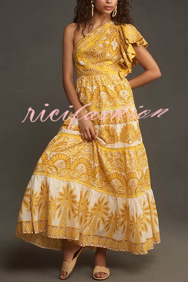 Exquisite Dream Unique Print One Shoulder Ruffle Sleeve Tiered Maxi Dress