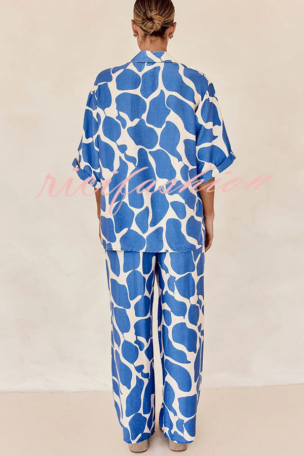 Lazy Beach Days Unique Print Short Sleeve Loose Shirt and Elastic Waist Pants Set