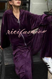 Velvet Casual Zip-up Hooded Top and Elastic Waist Wide Leg Pants Set