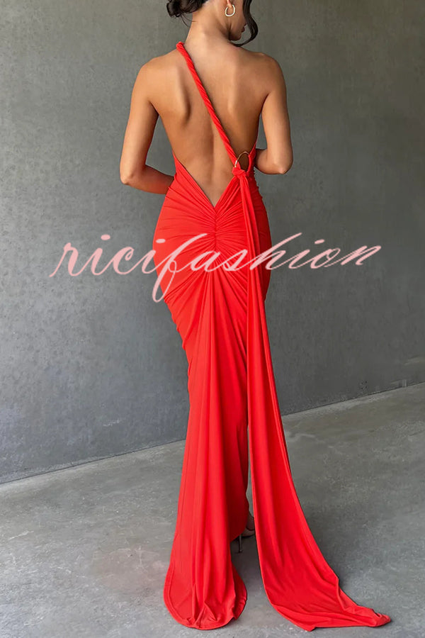 Sexy Backless Pleated Slim Solid Color Sleeveless Elegant Maxi Dress