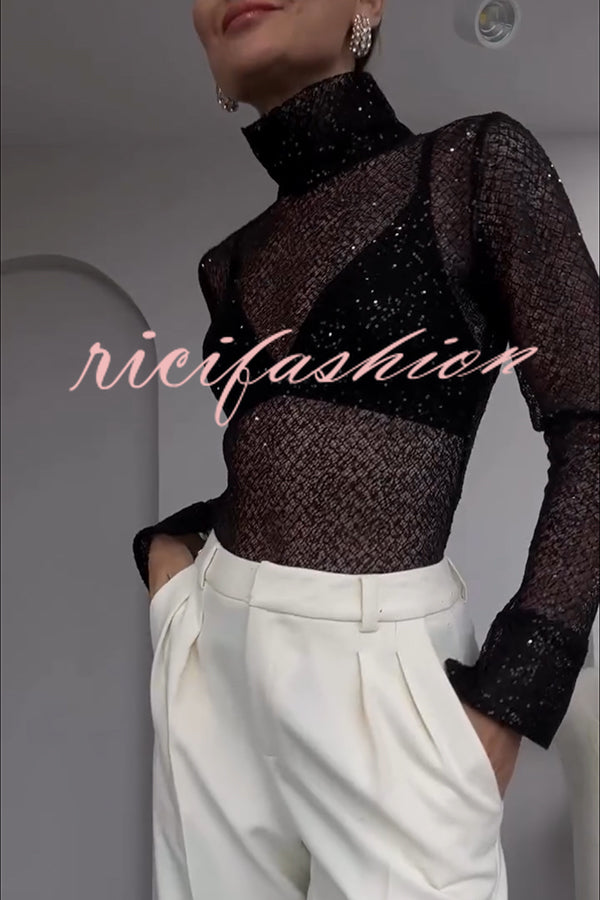 Shimmering Twilight Sequin Turtleneck Long Slit Sleeve H-line Blouse