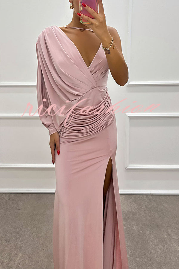 Like Venus One Shoulder Bat Sleeve Ruched Detail Slit Gown Maxi Dress