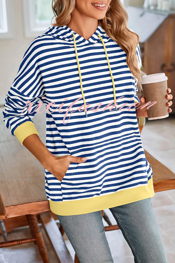 Striped Print Long Sleeve Pocket Loose Hoodie