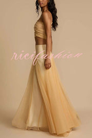 Romance Factor Satin Patchwork Tulle High Rise Elastic Waist A-line Maxi Skirt