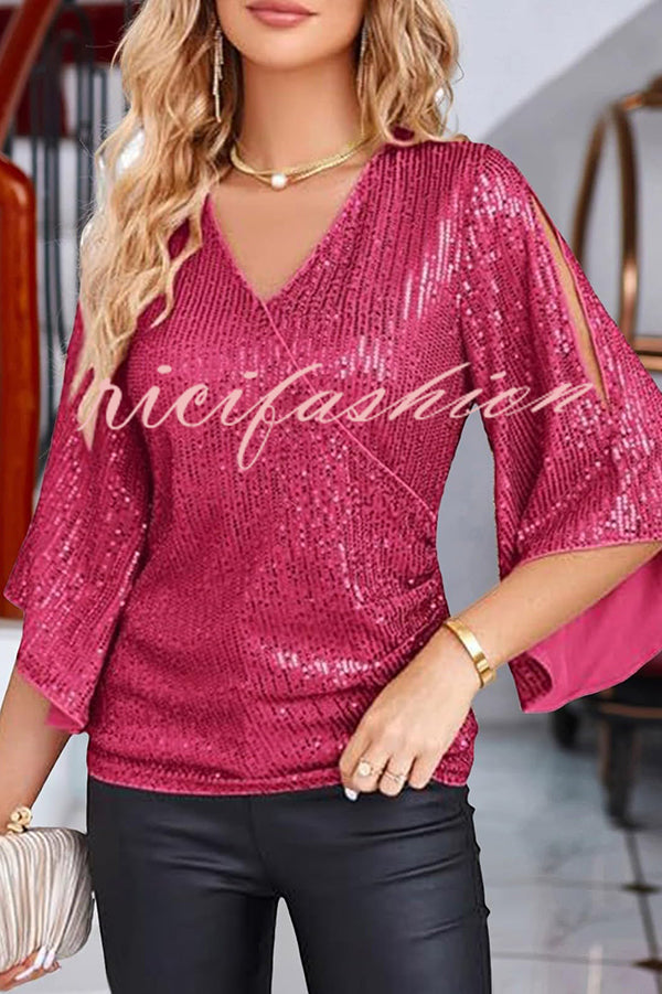 Solid Color Sequined V-neck Hollow Sleeve Slim Fit Top