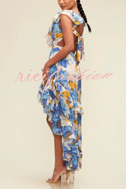 Boho Floral Print Sexy V-neck Backless Resort Maxi Dress