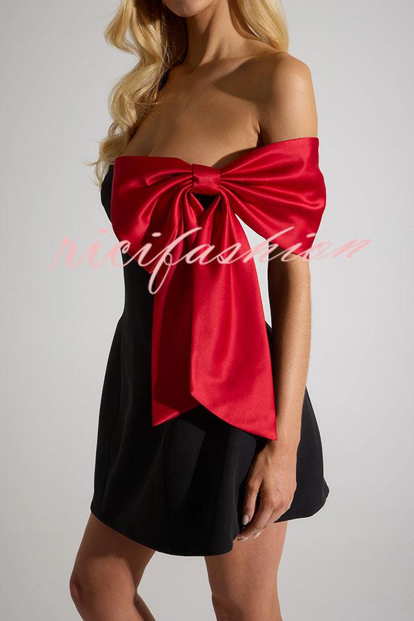 The Best Gift Satin Contrast Color Bow Detail Off Shoulder Mini Dress